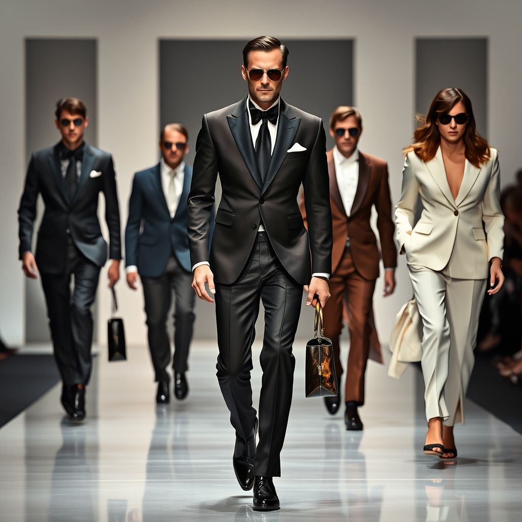"Tom Ford runway designs featuring tailored suits, glamorous evening gowns, and luxurious accessories."